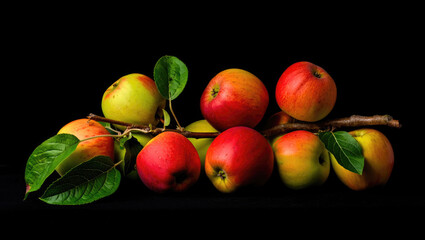 Vibrant red and green apples displayed on a rustic branch with lush green leaves.