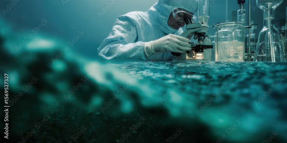Poster Professional Bioreactor Scientist in Protective Suit Examining Samples in High-Tech Laboratory for Premium Biotechnology Marketing and Research Content