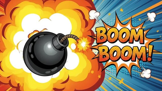 Cartoon bomb explodes with a 'BOOM BOOM!' sound effect in a comic book style, illustrating conflict and action with vibrant colors and dynamic composition.