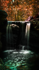 Autumn Foliage and Waterfalls, North Woods Loch Double Waterfall in Central Park North, Manhattan, NYC, USA, long exposure photo of a serene cascade with boulders, nestled in a woodland