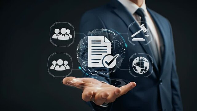 Man in Blue Suit Presenting Compliance and Regulation Icons on Black Background Emphasizing Business Ethics Legal Standards and Global Agreement for Corporate Governance