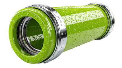 Abstract Green Pipe: An artistic, high-angle studio shot showcasing a shiny green pipe, adorned with silver accents and intricate textures, set against an empty canvas.