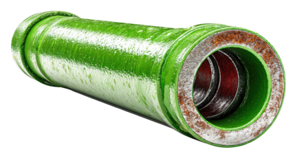 Green Pipe Section: A detailed studio shot reveals a weathered green pipe section, its robust structure and corrosion adding to its appeal and industrial aesthetics. 