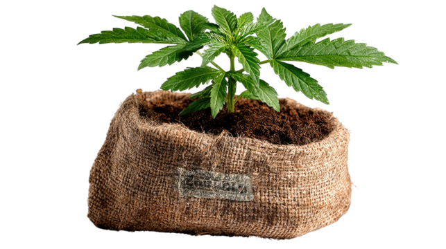 Emerging Cannabis Seedling: A cannabis seedling with vibrant green leaves sprouts from fertile soil, cradled in a burlap sack, symbolizing growth and potential.