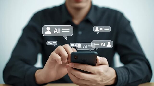 Man Typing on a Black Smartphone with AI Chat Bubbles Over a Wooden Desk in Bright Lighting with a White Background Concept