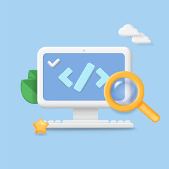 Computer programming or developing software or game. Vector 3d illustration with coding symbols and programming windows, searching bugs, testing. web development. Information technology engineering