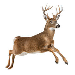 Whitetail deer buck with antlers leaping showcasing its brown fur and white tail on a transparent background © jaehyun