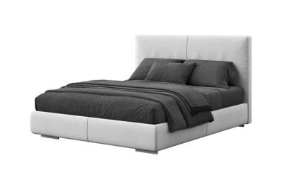 Modern double bed with bedding on a transparent background. Furniture for mockups, presentations, and marketing materials.