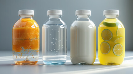 A row of transparent plastic bottles with various drinks: orange juice, water, milk, and lemonade with lime slices.