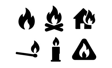 Fire icons set: flames, matches, candles, and house symbols for safety and warning signs