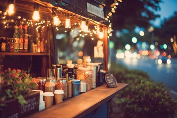 Charming Street Coffee Cart at Twilight with Warm String Lights, Inviting Atmosphere and Blurred City Background, Perfect for Cozy Urban Vibes and Cafe Culture