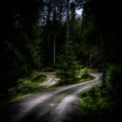 Obraz premium Winding path through a dense forest.