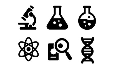 Science icons: microscopy, flask, beaker, atom, magnifier, dna helix symbols