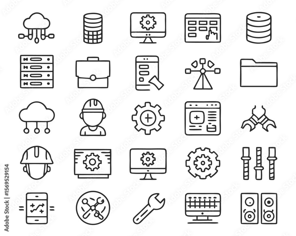 Fototapete collection of thin line graphics representing information technology management roles and responsibi