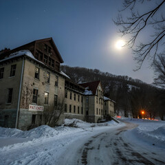 Fototapeta premium A decaying mental asylum stands abandoned deep in snow-covered hills.