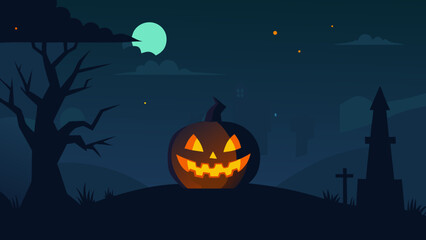 Dark and moody Halloween night with a single solitary glowing jack o lantern