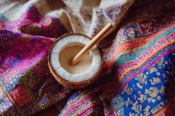 Cozy Coconut Drink with Bamboo Straw Surrounded by Colorful Fabric Textiles, Featuring Vibrant Patterns and Rich Textures for a Relaxing Tropical Vibe