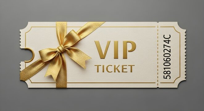 Beige VIP ticket with golden bow on a gray background. Premium event access concept. Exclusive invitation or gift certificate for special occasion.