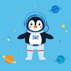 cartoon illustration of a cute penguin in an astronaut costume floating in space