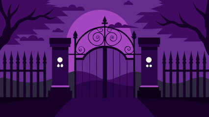Fototapeta premium Entrance to a spooky cemetery with open wrought iron gates and ominous fog