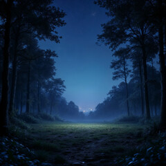 Forest clearing illuminated under starry night sky