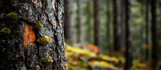 Fototapeta premium Textured bark adorned with vibrant moss in a forest ecosystem backdrop