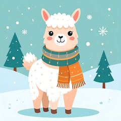 A cartoon illustration of an alpaca wearing a scarf in winter with snow falling gently.