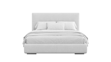 Modern double bed with bedding on a transparent background. Furniture for mockups, presentations,...