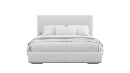 Modern double bed with bedding on a transparent background. Furniture for mockups, presentations, and marketing materials.