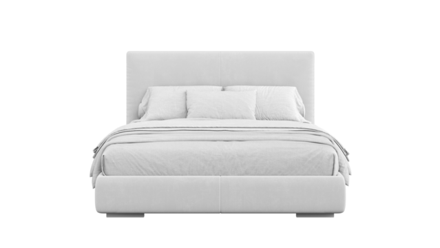 Modern double bed with bedding on a transparent background. Furniture for mockups, presentations, and marketing materials.