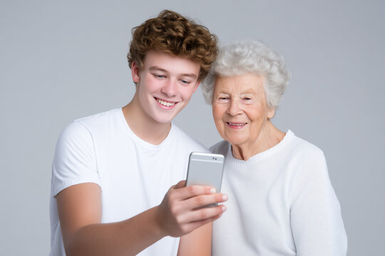 Teenager smiles while taking selfie with grandmother who is looking at the camera, creating a joyful atmosphere. Bright neutral background enhances strong emotional connection