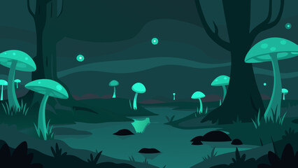 A Murky Swamp with Glowing Bioluminescent Mushrooms and Mysterious Foggy Mist