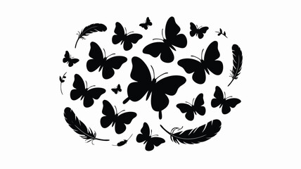 Silhouette Butterfly and Feather Illustration on White Background for Art, Design, and Crafts