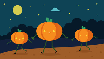 A Pumpkin Patch at Midnight where all the Pumpkins have Spooky Carved Faces