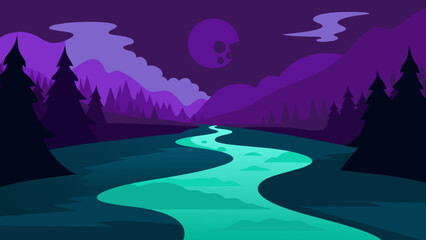 A Spooky River Flows through a Dark Forest with Ghostly Faces in the Water