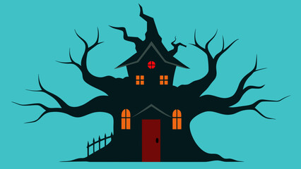 A Massive Gnarled Tree that is also a Haunted House with Glowing Windows Inside