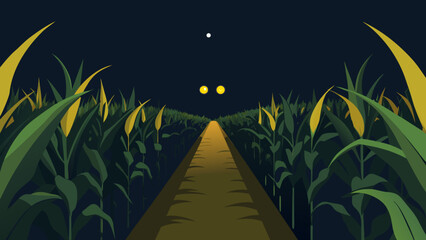 A Haunted Cornfield at Night with a Narrow Path Cut Through the Tall Dry Stalks