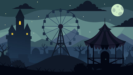A Spooky Abandoned Carnival at Night Featuring a Rusty Ferris Wheel and Dark Tents