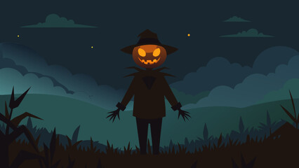 A Spooky Scarecrow with a Glowing Pumpkin Head Stands Guard in a Dark Cornfield