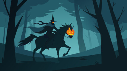 The Headless Horseman Rides Through a Dark Foggy Forest on a Spooky Night Vector