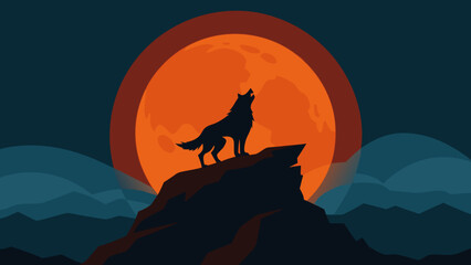 A Howling Werewolf Silhouette Atop a Rocky Crag Underneath the Full Moon Illustration
