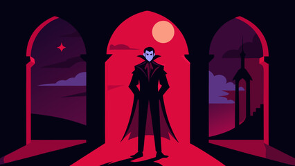 An Elegant Vampire Looms Against a Gothic Archway in this Spooky Vector Illustration