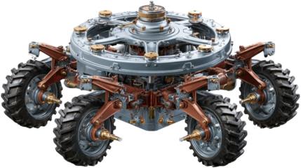 Intricate Land Vehicle: A marvel of engineering, a complex land vehicle with multiple wheels, a mechanical device, and intricate gears, hinting at advanced technology and innovation.