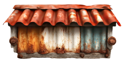 Corrugated Iron Hut: A rustic hut made of weathered corrugated iron, showing signs of age and decay, stands alone, evoking a sense of history and resilience.