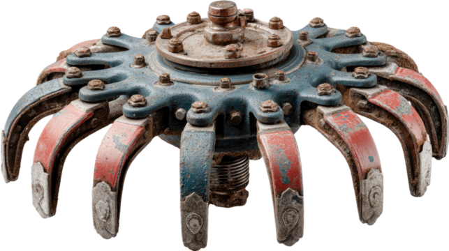 Industrial Component: A detailed photograph of an intricate industrial component, with a focus on its complex mechanics, featuring bold color and texture.