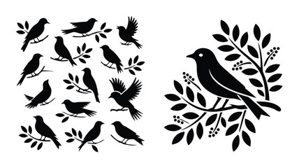 Obraz premium Elegant Black Bird Silhouettes on Branches, Illustration of Songbirds and Foliage Design Elements