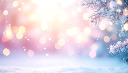 Abstract pastel winter background with soft bokeh and falling snow