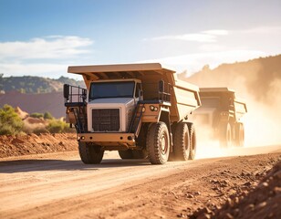 Obraz premium Six-wheeled mining trucks drive on red dirt roads