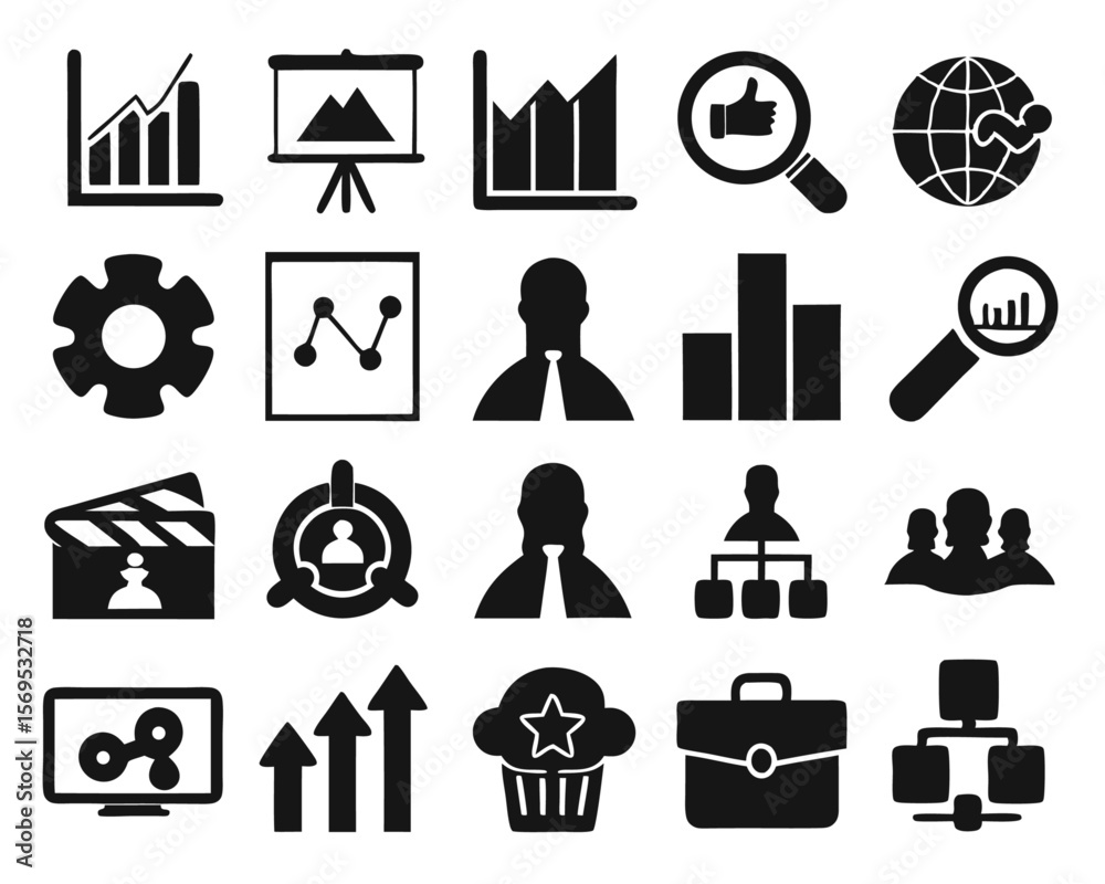 Poster comprehensive collection of business management icons showcasing growth charts analytics and operati