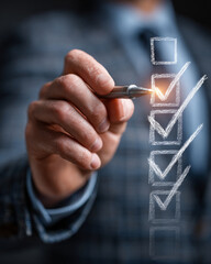 Hand marking checklist with pen in a business setting close up view